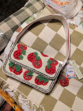 Handcrafted Beaded Shoulder Bag - Red & Green Floral Embellishment Tomato NWT